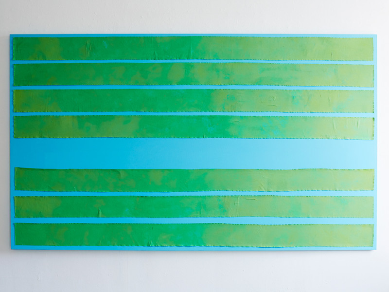 Blue painting with green textile-tears, Acryl/Canvas , 242 X 140 cm.